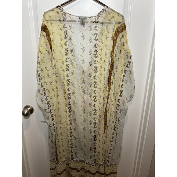Women’s Sheer Kimono Steve Madden Boho Peasant Yellow Brown Tie One Size Floral - Picture 6 of 7